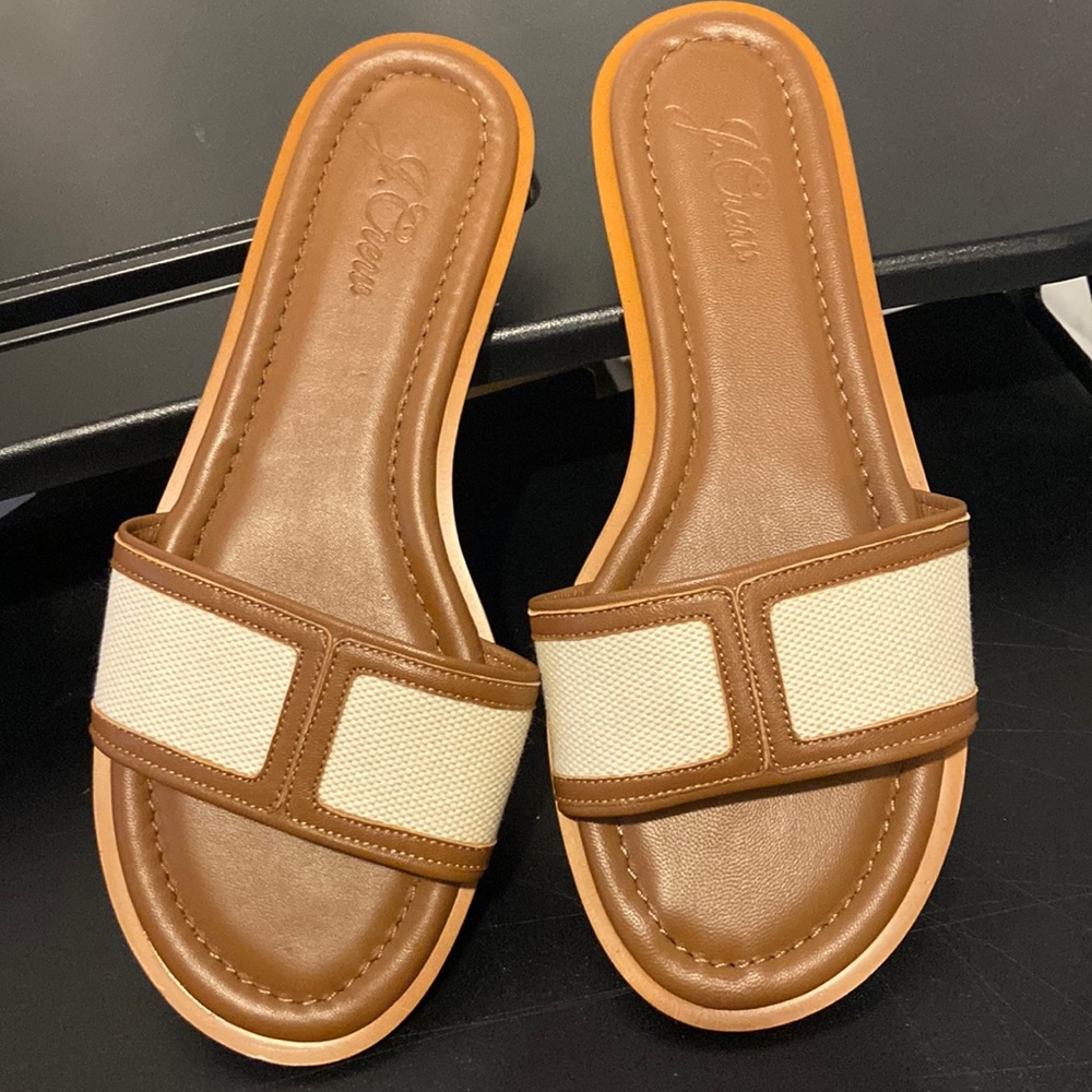 J. Crew Brown and Cream Slide Sandals